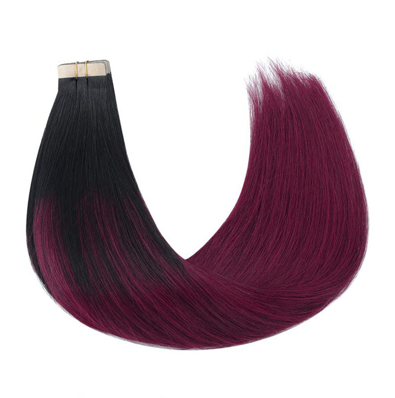Ombre Jet Black to Burgundy (1/99J) Tape in Hair Extensions