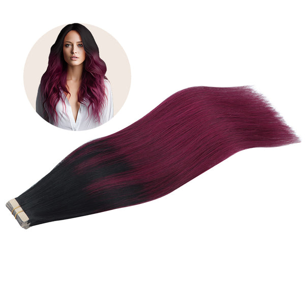 Ombre Jet Black to Burgundy (1/99J) Tape in Hair Extensions