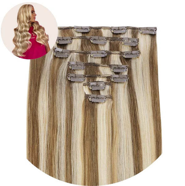 Ash Brown Highlighted Golden Blonde (8/22) Classic Clip in Hair Extensions (120g)