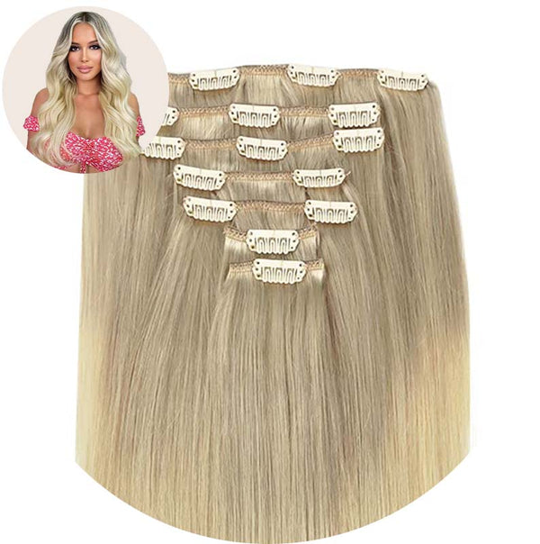 Ombre Ash Blonde to Golden Blonde Balayage Platinum (17/22/60) Classic Clip in Hair Extensions (120g)