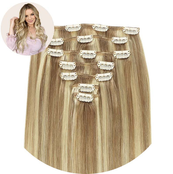 Light Blonde Highlighted Golden Blonde (16/22) Classic Clip in Hair Extensions (120g)