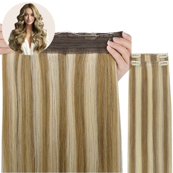 Ash Brown Highlighted Golden Blonde (8/22) Wire Hair Extensions (2 Extra Clip Wefts)