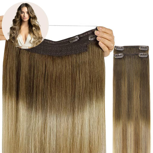 Ombre Walnut Brown to Ash Brown and Bleach Blonde (3/8/613) Wire Hair Extensions (2 Extra Clip Wefts)