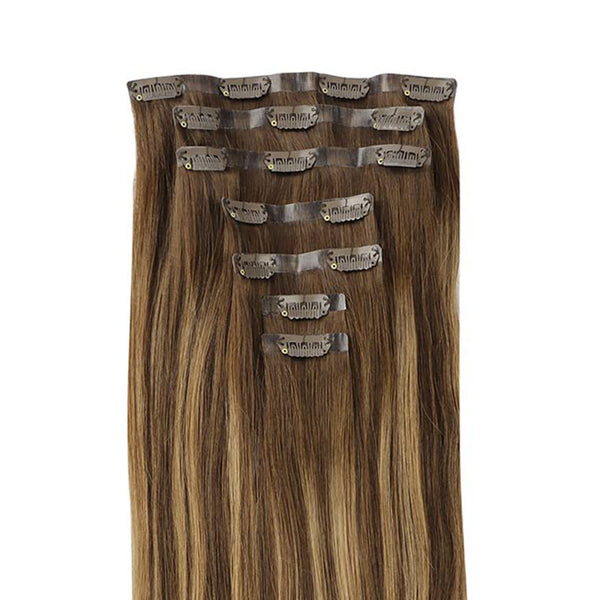 Balayage Chocolate Brown to Caramel Blonde (4/27/4) Seamless Clip In Hair Extensions