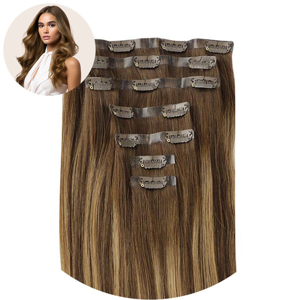 Balayage Chocolate Brown to Caramel Blonde (4/27/4) Seamless Clip In Hair Extensions