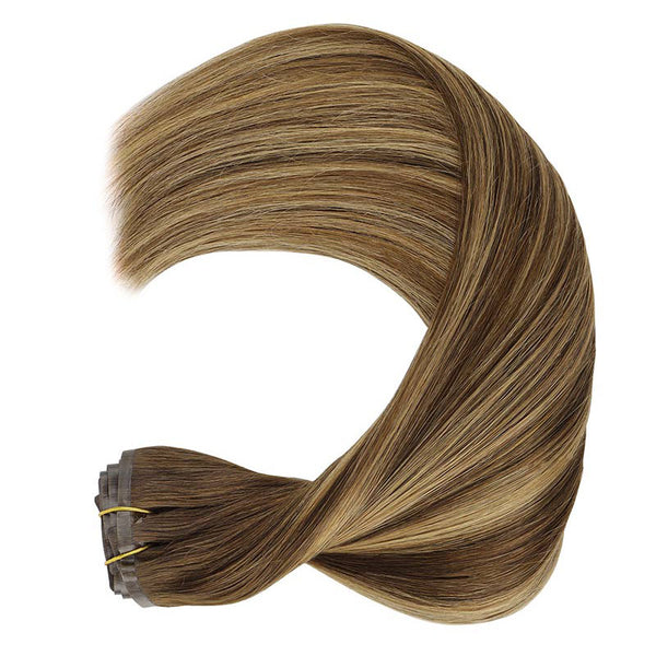 Balayage Chocolate Brown to Caramel Blonde (4/27/4) Seamless Clip In Hair Extensions