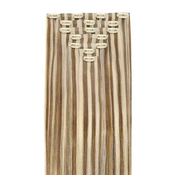 Ash Brown Highlighted Golden Blonde (8A/22) Seamless Clip In Hair Extensions