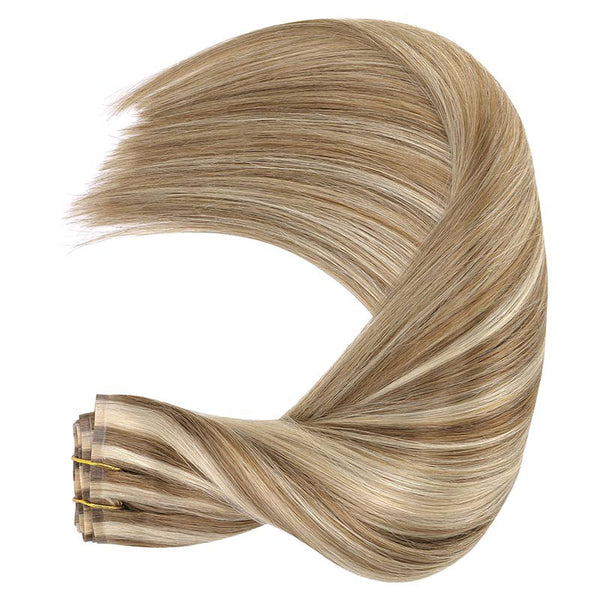 Ash Brown Highlighted Golden Blonde (8A/22) Seamless Clip In Hair Extensions