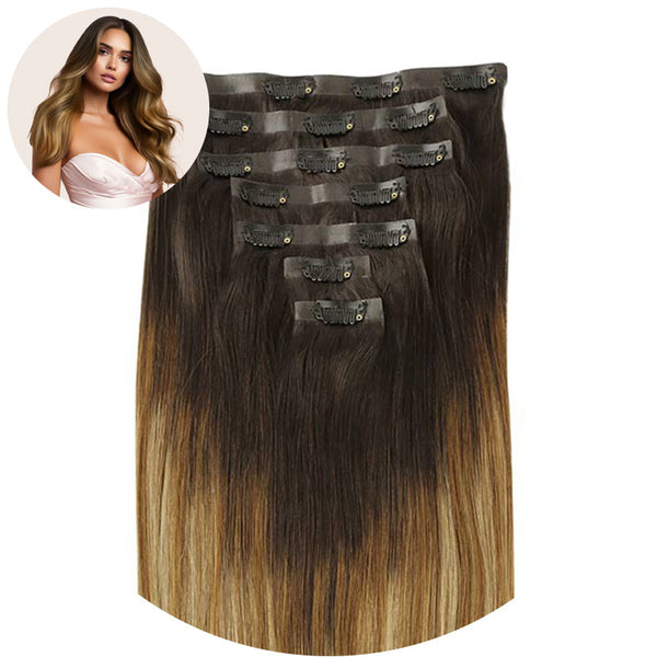 Dark Brwon to Chestnut Brown and Dirty Blonde Highlighted (2/6/18) Seamless Clip In Hair Extensions