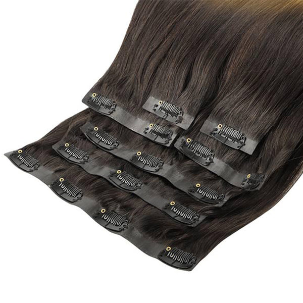 Dark Brwon to Chestnut Brown and Dirty Blonde Highlighted (2/6/18) Seamless Clip In Hair Extensions