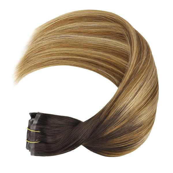 Dark Brwon to Chestnut Brown and Dirty Blonde Highlighted (2/6/18) Seamless Clip In Hair Extensions